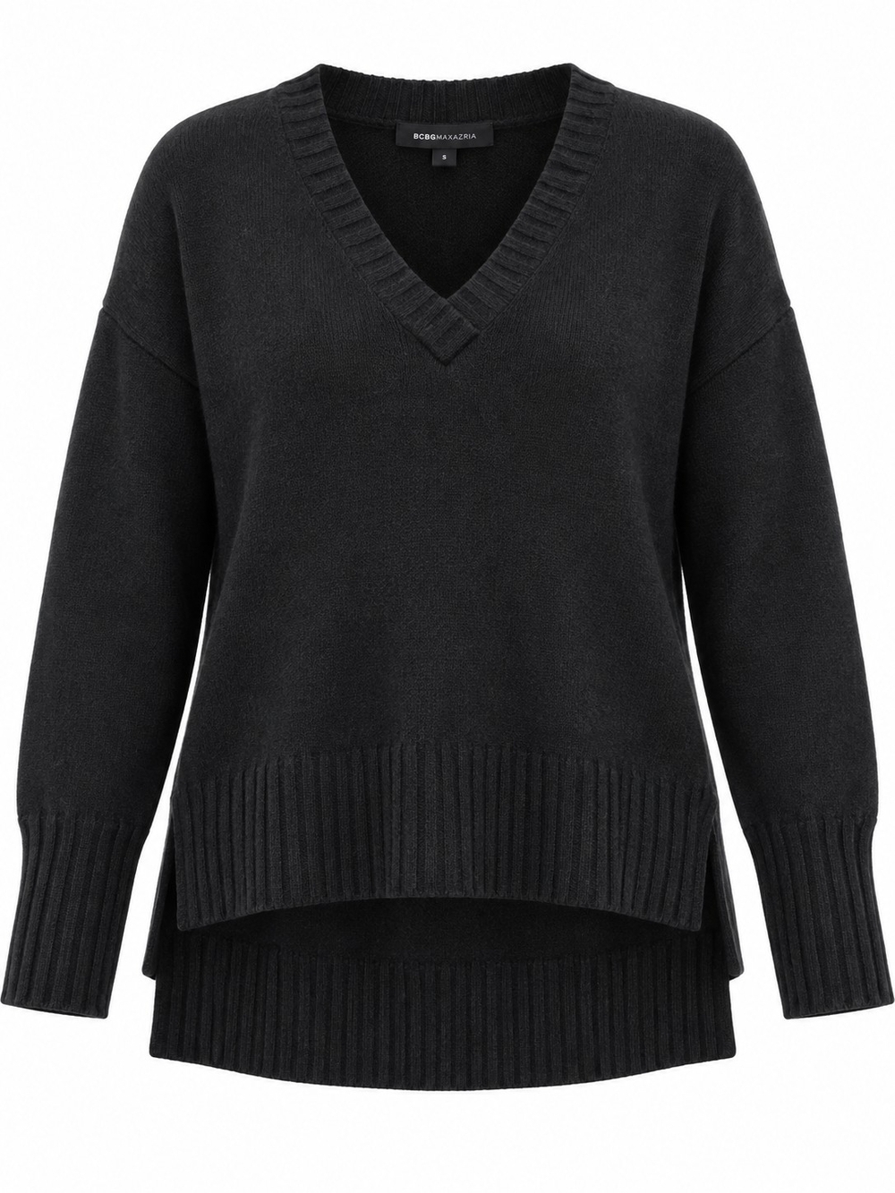 BCBGMAXAZRIA | Luxe Black Lambswool Cashmere High Low V-Neck Sweater | S